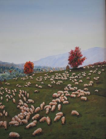 Grazing sheep painting in oil
