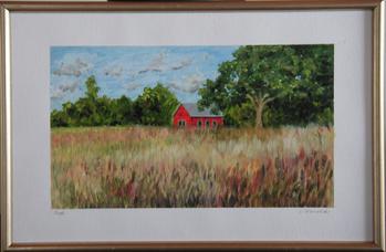 Oil painting of red building in grassy field